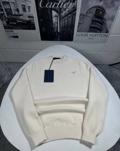 Prada Triangle Logo Knitted Crew-Neck AAA Quality Jumpers for Men – off white Colour