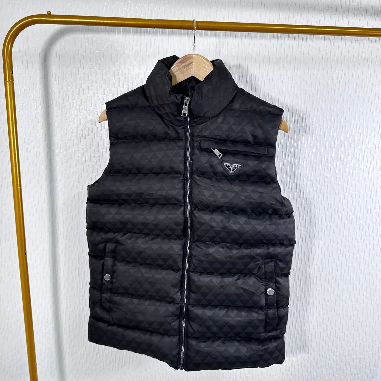 Prada Triangle Logo Padded Pocket Button First Copy Bodywarmer for Men – Black