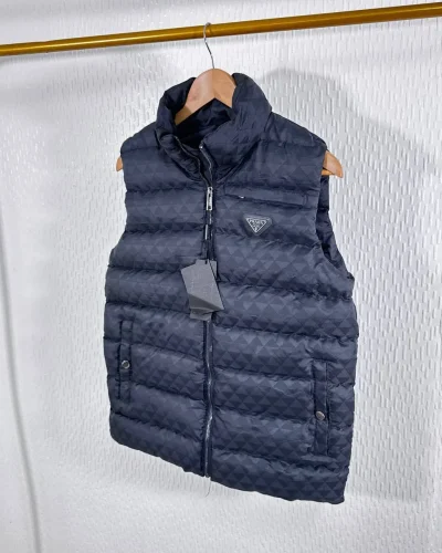 Prada Triangle Logo Padded Pocket Button First Copy Bodywarmer for Men – Navy Blue