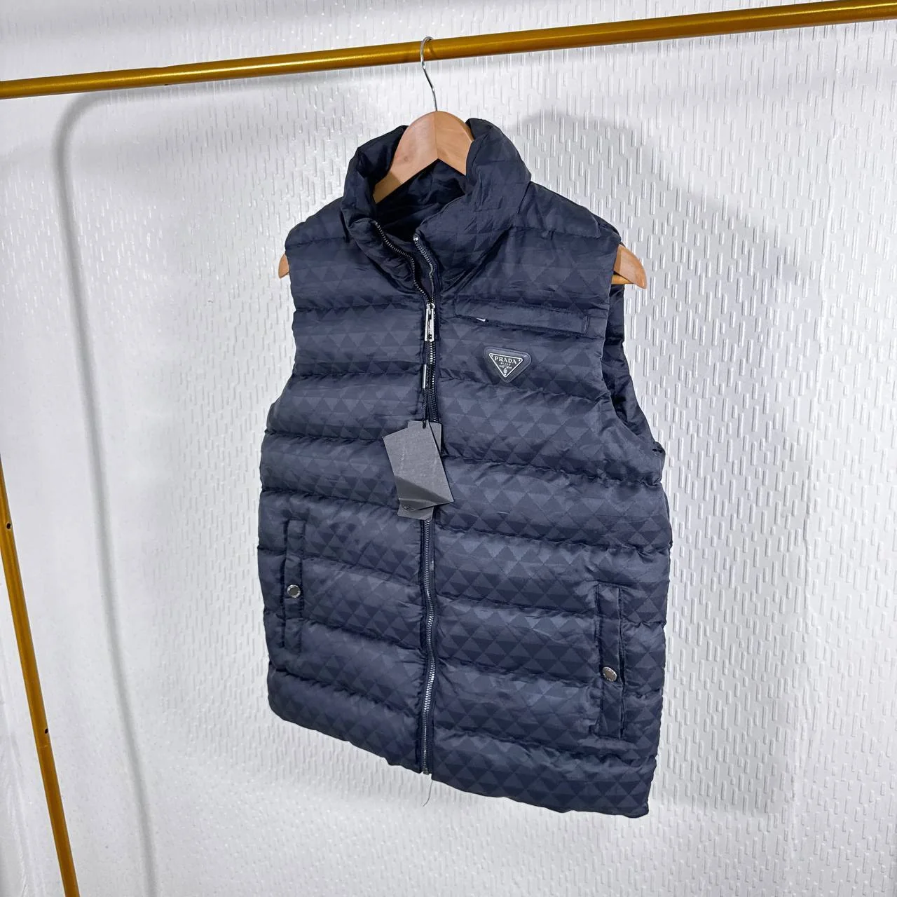 Prada Triangle Logo Padded Pocket Button First Copy Bodywarmer for Men – Navy Blue