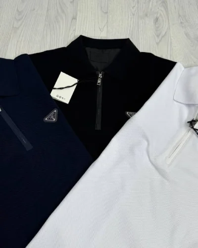 Prada Triangle Logo Quarter-Zip Cotton Piqué Replica Polo Shirts – 3 Colours