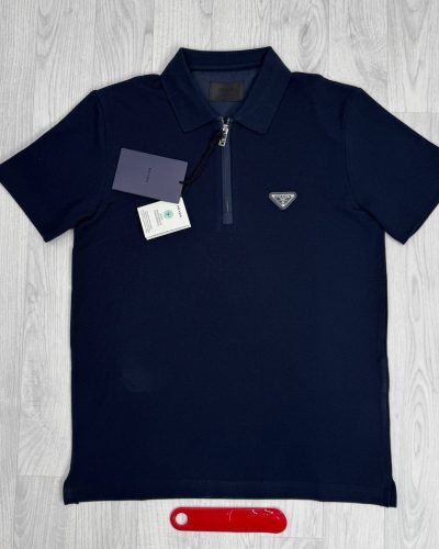Prada Triangle Logo Quarter-Zip Cotton Piqué Replica Polo Shirts – navy