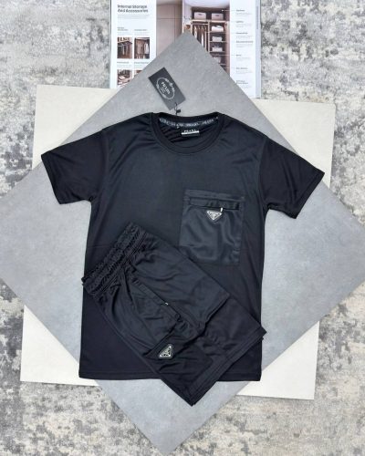 Prada Triangle Logo Replica AAA Quality Black T-Shirt and Shorts Set for Men