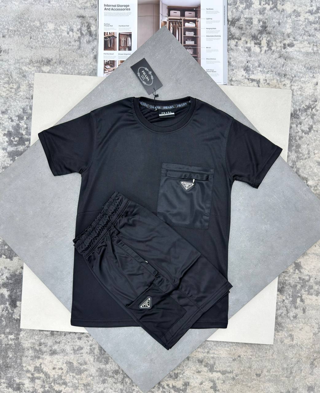 Prada Triangle Logo Replica AAA Quality Black T-Shirt and Shorts Set for Men