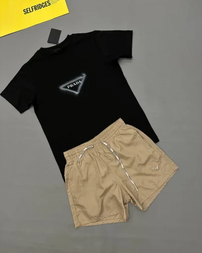 Prada Triangle Logo Replica T-Shirt and Beige Technical Shorts Set for Men