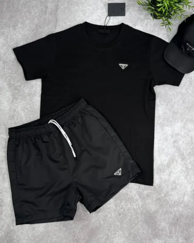 Prada Triangle Logo Replica T-Shirt and Shorts Set for Men – Black Colour Prada Triangle Logo Replica T-Shirt and Shorts Set for Men – Black Colour