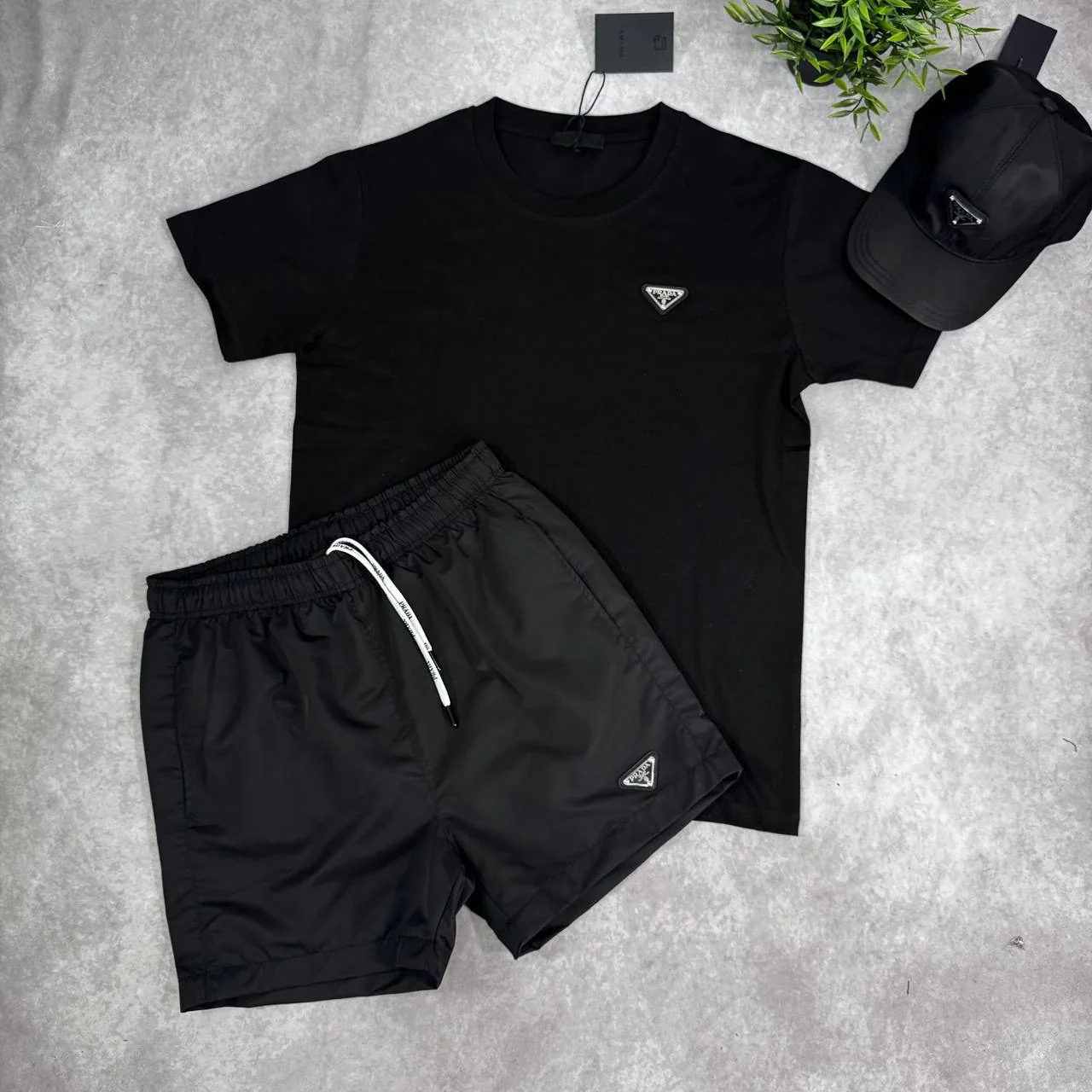 Prada Triangle Logo Replica T-Shirt and Shorts Set for Men – Black Colour