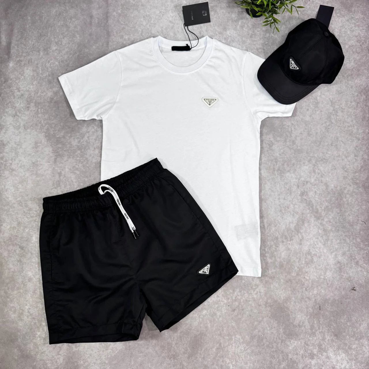 Prada Triangle Logo Replica T-Shirt and Shorts Set for Men – white Colour