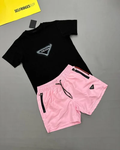 Prada Triangle Logo Reps AAA Quality T-Shirt and Pink Technical Shorts Set for Men