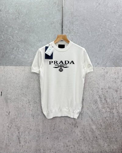 Prada Triangular Logo Wool Knit Luxury Replica T-Shirt – White Colours