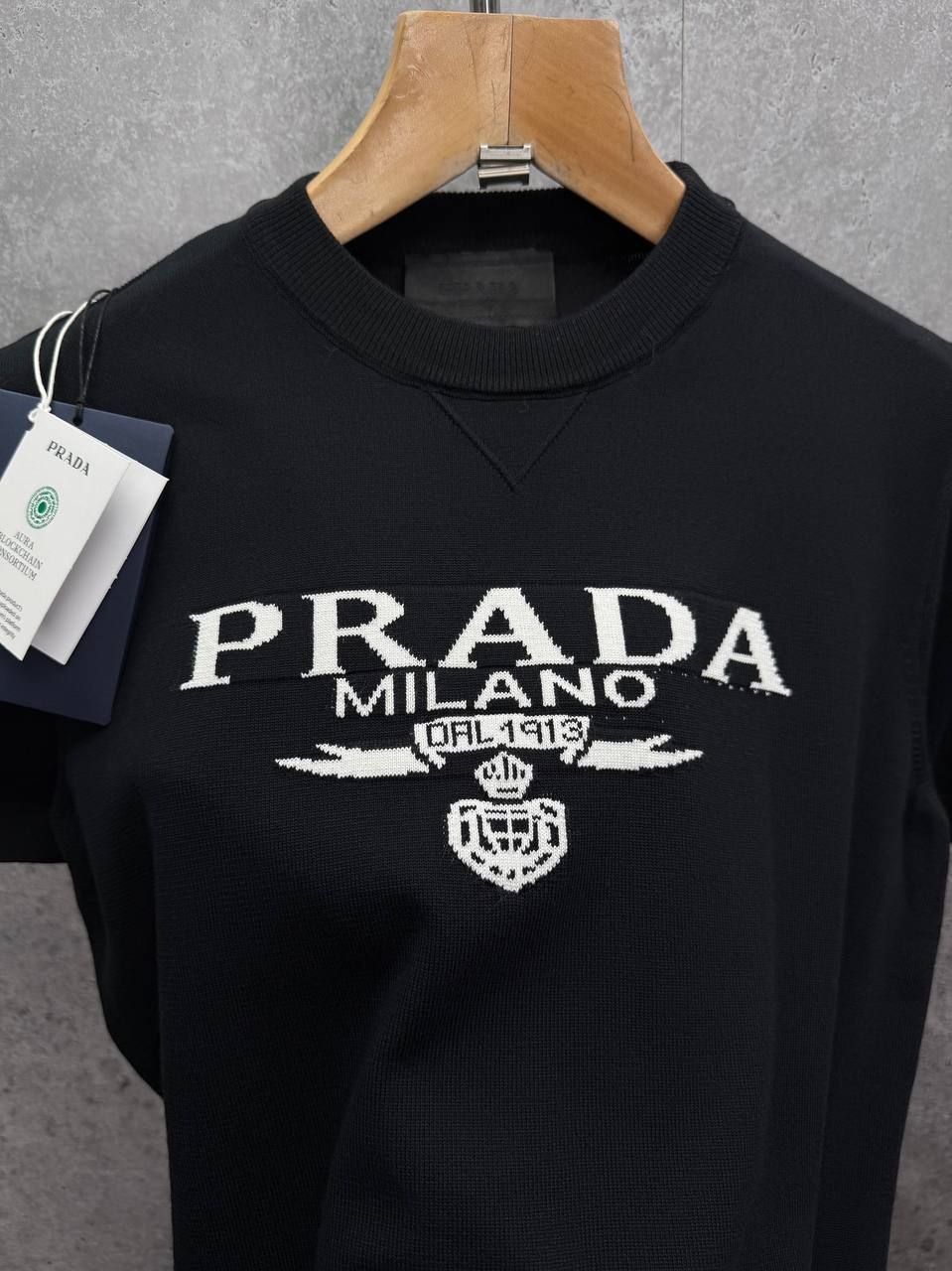 Prada Triangular Logo Wool Knit Luxury Replica T-Shirt – Black Colours with logo