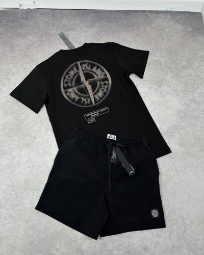 Stone Island Compass-Print Cotton T-Shirt & Shorts Set AAA Quality black color