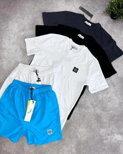 Stone Island Cotton T-Shirt & Fleece Cargo Shorts Set AAA Quality