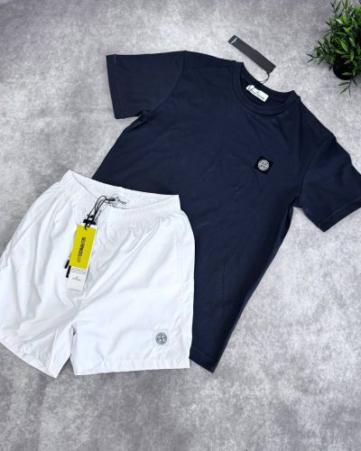 Stone Island Cotton T-Shirt & Fleece Cargo Shorts Set AAA Quality navy blue