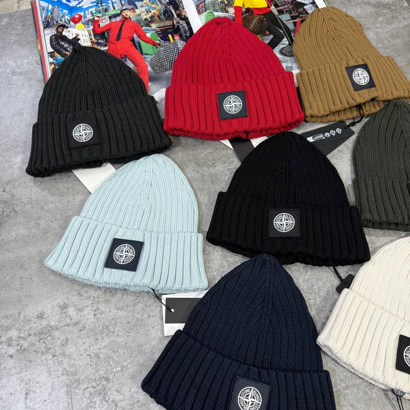 Stone Island Ivory Super Clone Quality Beanie with Compass Logo Patch diff color