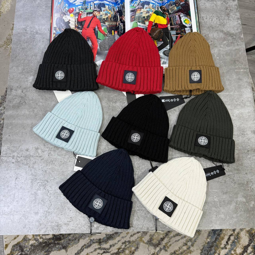 Stone Island Ivory Super Clone Quality Beanie with Compass Logo Patch
