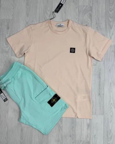 Stone Island Luxury Loungewear Cotton T-Shirt & Fleece Cargo Shorts Set Replica