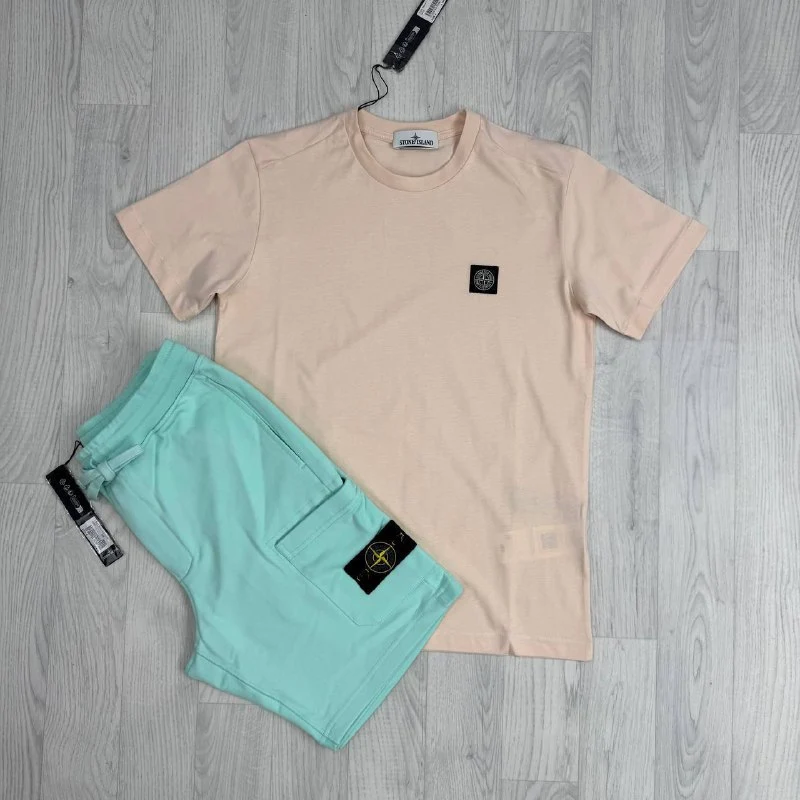 Stone Island Luxury Loungewear Cotton T-Shirt & Fleece Cargo Shorts Set Replica