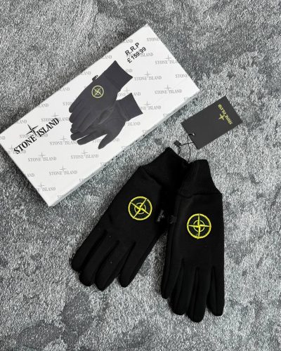 Stone Island Wool Logo Printed Gloves – Black