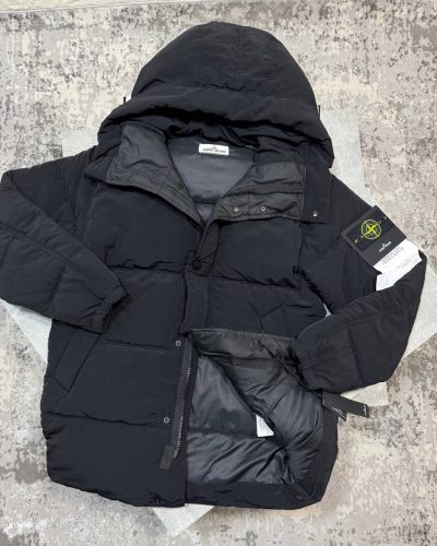 Stone Island puffer jacket for men in black open front view with hood and arm badge