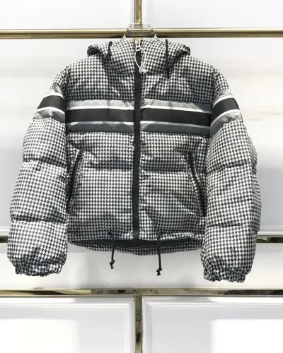 Black & White Plaid Quilted Puffer Jacket for Women