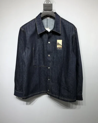 Dark Blue Denim Jacket with D Embroidery and Landscape Print